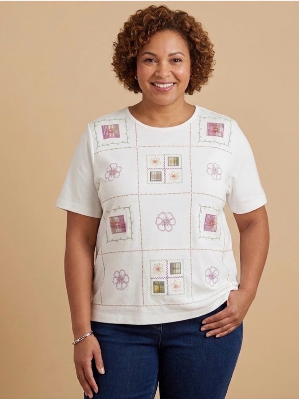 Alfred Dunner White shirt with Colorful Embroidered Patchwork
